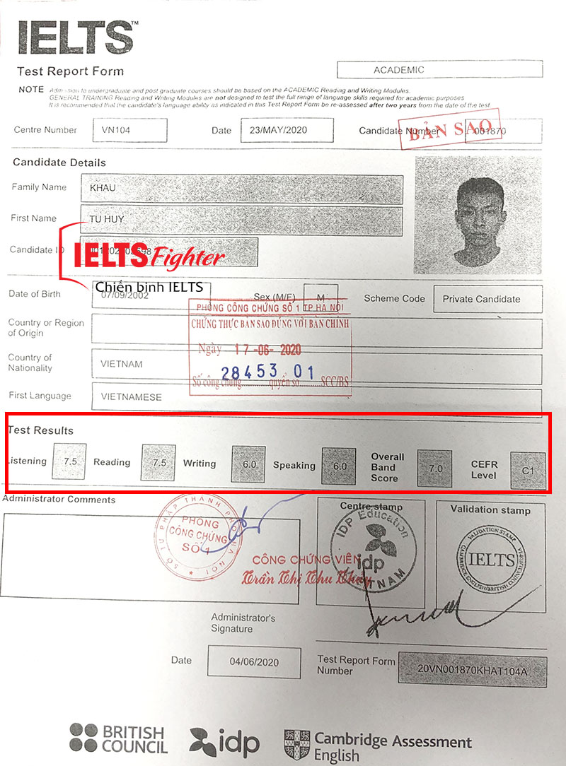 Bảng điểm của Từ Huy IELTS fighter
