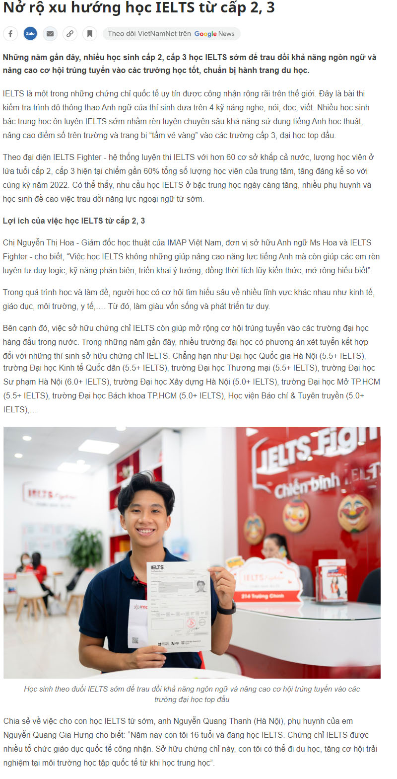 xu hướng học IELTS từ cấp 2, cấp 3