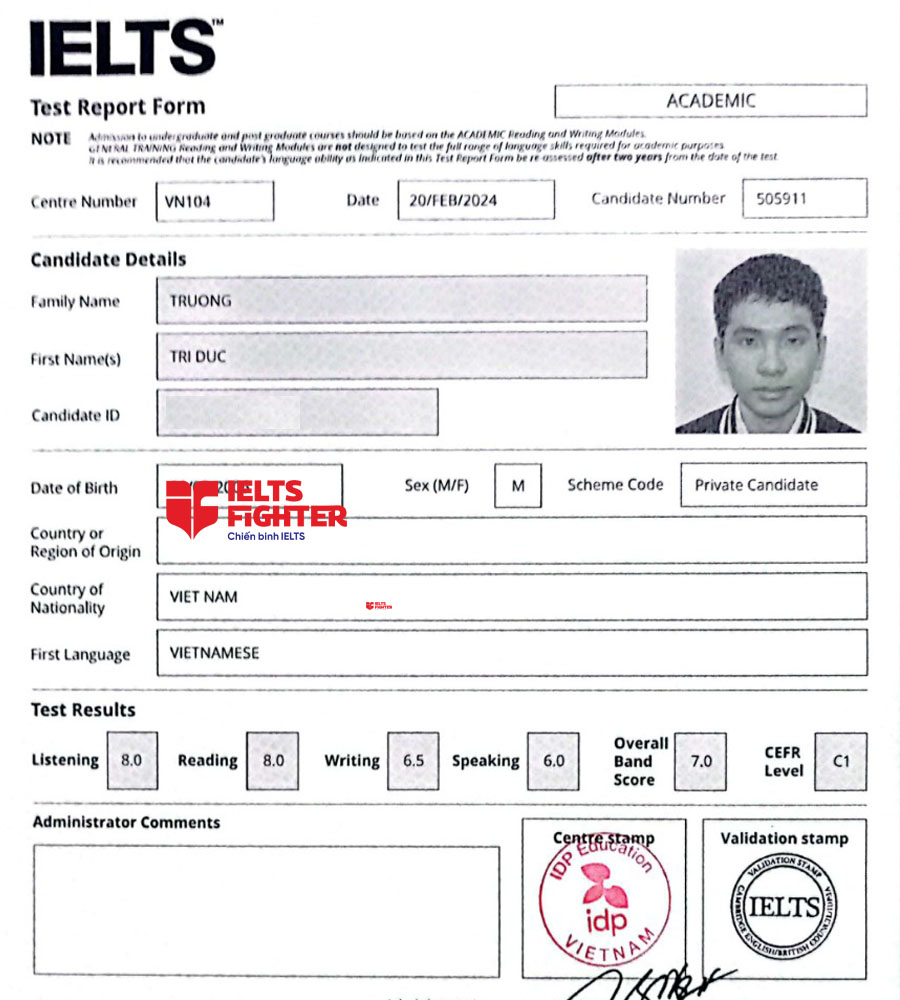 bảng điểm Tr&iacute; đức 7.0 IELTS