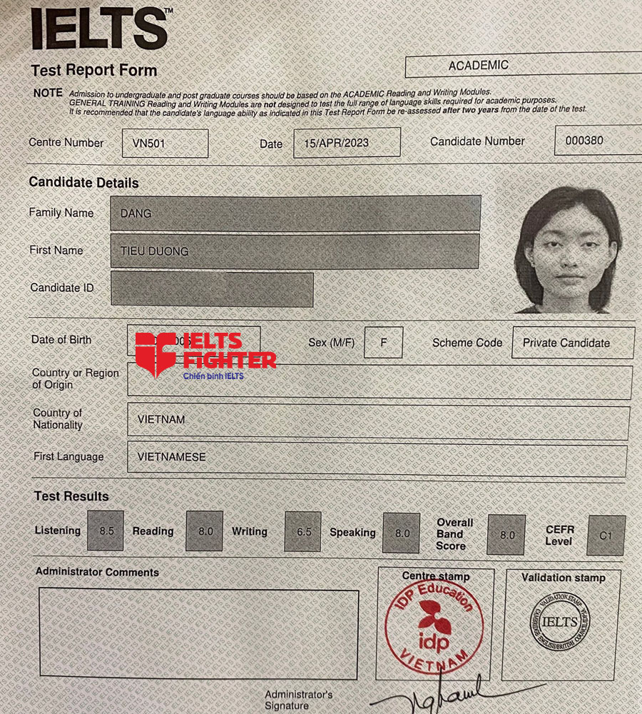bảng điểm tiểu dương 8.0 IELTS