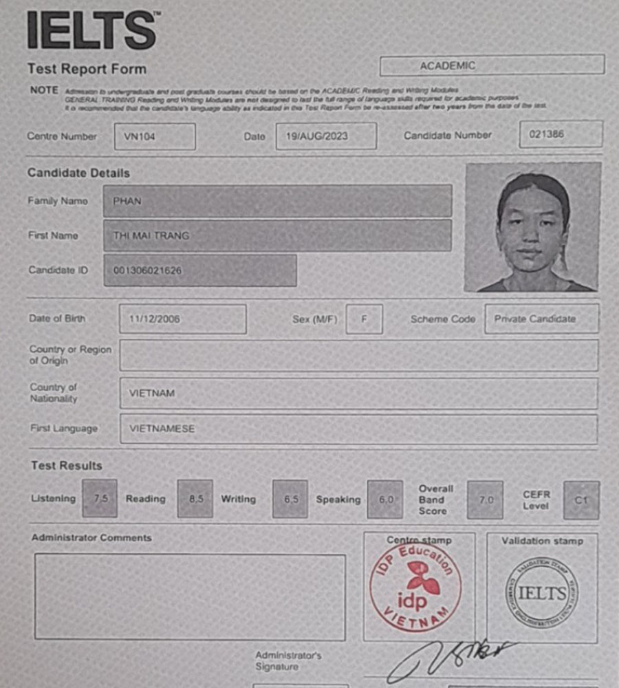bảng điểm mai trang 7.0 IELTS