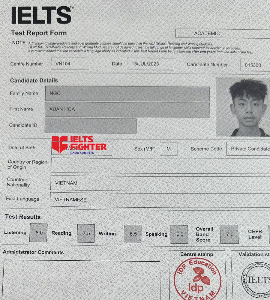 bảng điểm xu&acirc;n H&ograve;a 7.0 IELTS