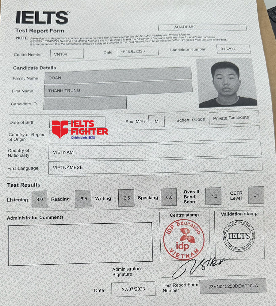 bảng điểm th&agrave;nh trung 7.0 ielts