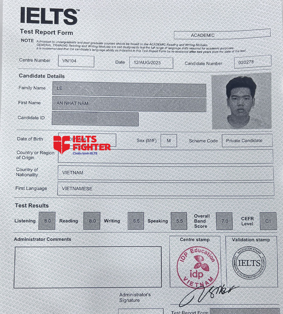bảng điểm Hải Nam 7.0 IELTS