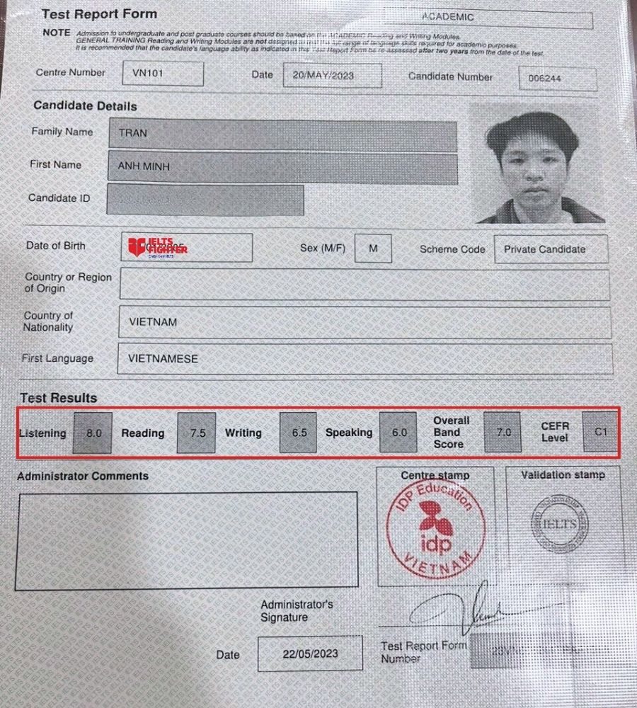 bảng điểm xuất sắc của Anh Minh sau hơn 2 th&aacute;ng &ocirc;n luyện tại IELTS Fighter