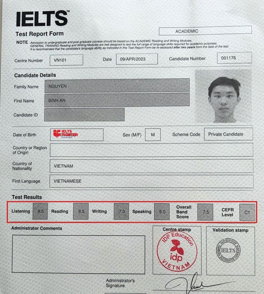 Bảng điểm 7.5 xuất sắc của B&igrave;nh An - học vi&ecirc;n IF V&otilde; Văn Ng&acirc;n