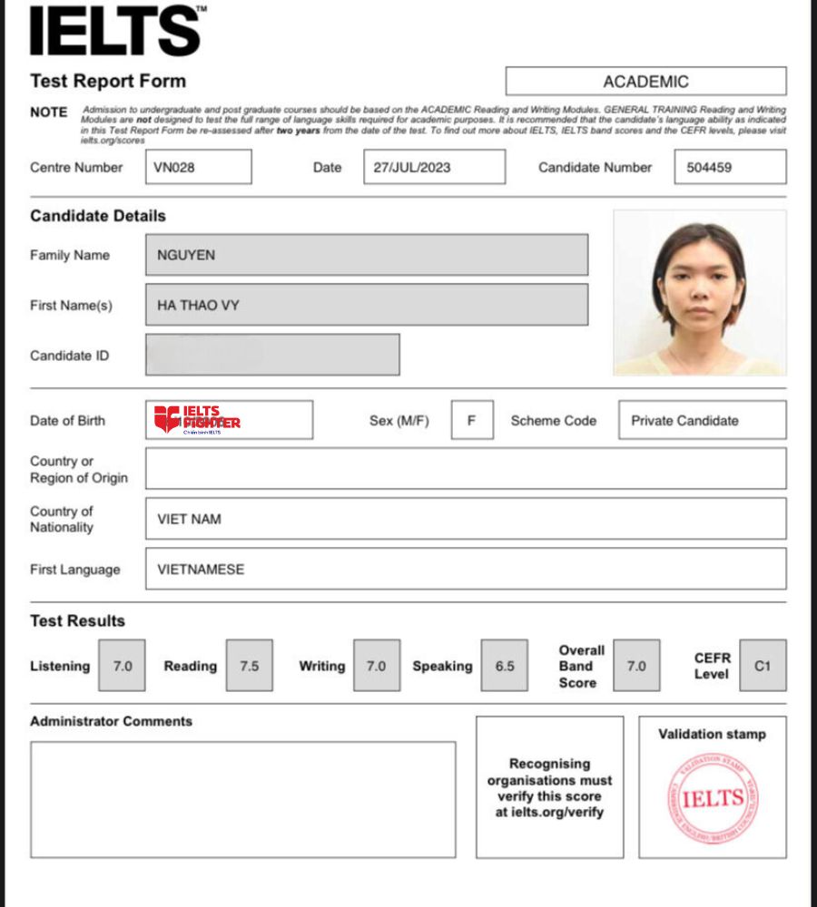 Bảng điểm ấn tượng của học vi&ecirc;n Thảo Vy cơ sở IF V&otilde; Văn Ng&acirc;n