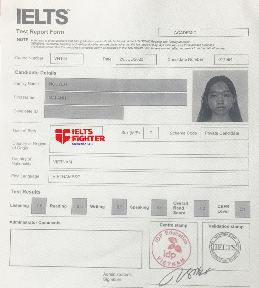 bảng điểm Mai anh 7.0 IELTS