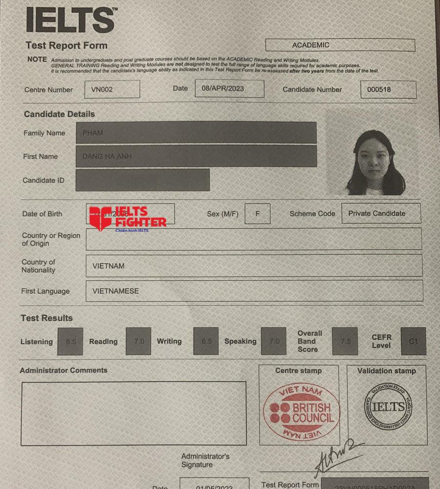 bảng điểm h&agrave; anh 7.5 IELTS