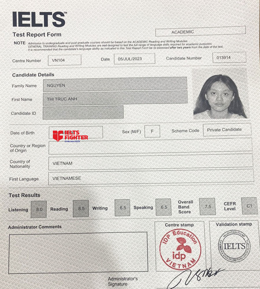 bảng điểm tr&uacute;c anh 7.5 IELTS