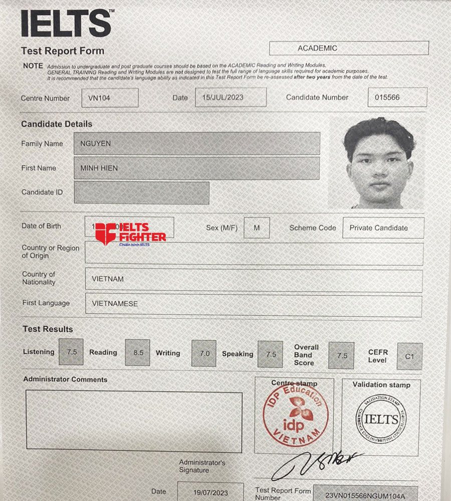 bảng điểm Minh hiền 7.5 IELTS