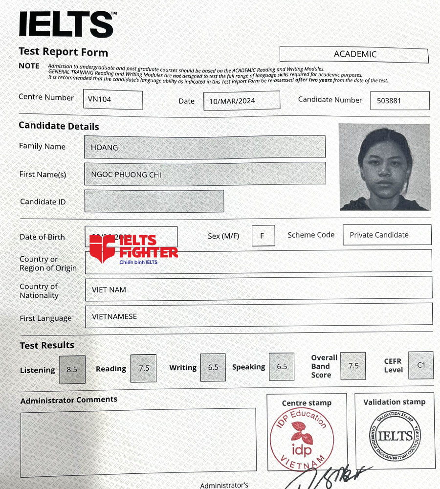 bảng điểm Phương chi 7.5 IELTS