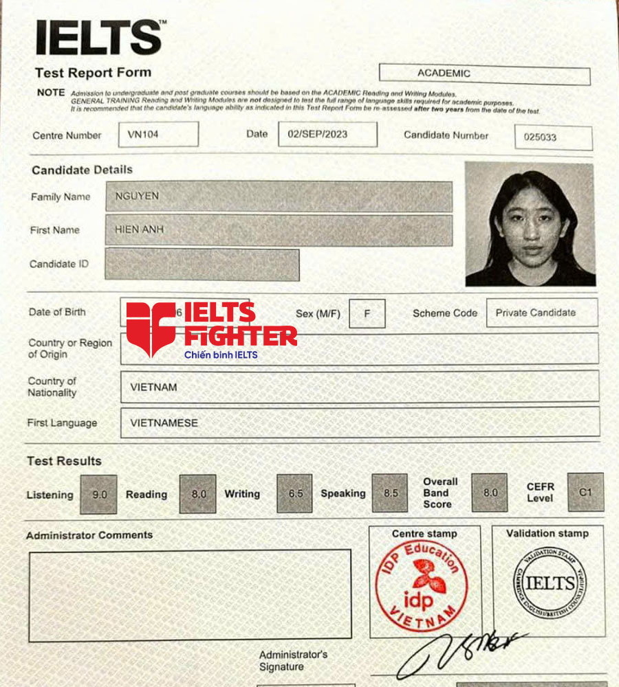 Bảng điểm hiền ảnh 8.0 IELTS